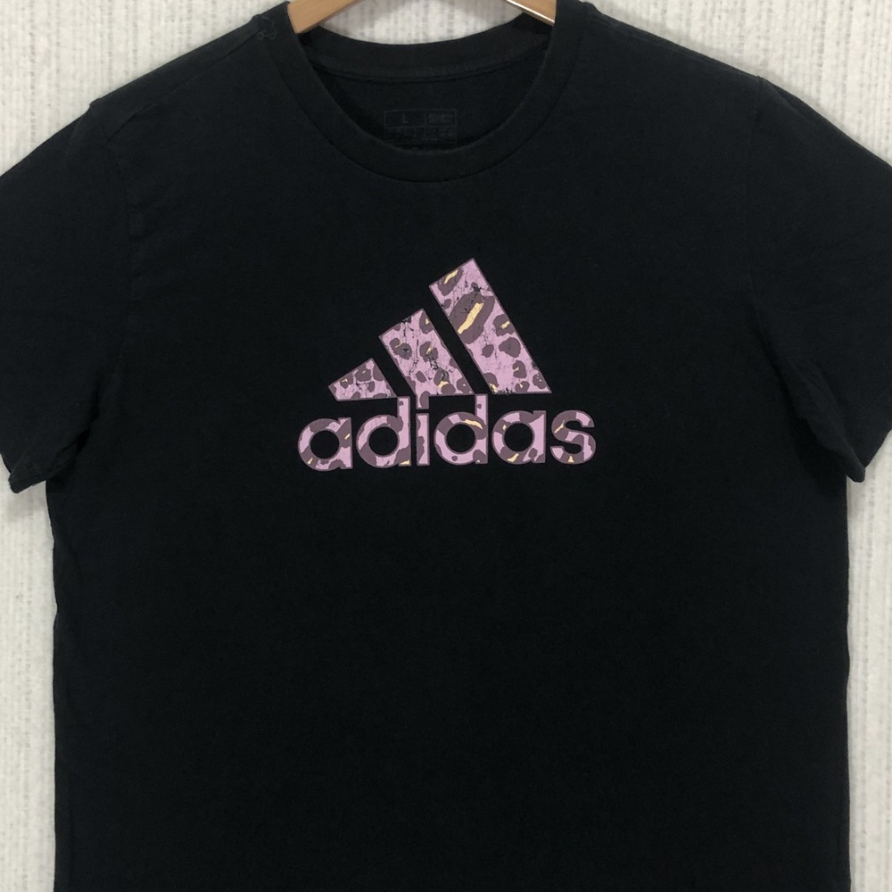 Adidas Womens Black Leopard Print Graphic Logo T-Shirt Size L Regular Fit Short
